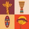 Vector illustration icon set of Africa: giraffe, drum, tribal mask, tree