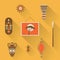 Vector illustration icon set of Africa: mask, decoration, drum, picture, vase, lizard, shield, spear