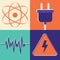 Vector illustration icon set of energy: molecule, socket, wave, danger