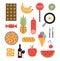 Vector illustration icon set of food: chocolate, banana, candy, kiwi, pineapple, sausage, eggs, pizza, bread, ice cream, fork,