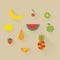 Vector illustration icon set of fruits: banana, cherry, kiwi, lemon, watermelon, apple, pear, strawberry, orange and pineapple