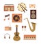 Vector illustration icon set of music: recorder, drum, audio cassette, note, turntable, loudspeaker, radio, guitar, maracas,