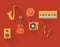 Vector illustration icon set of music: trumpet, drum, piano, guitar, turntable, maracas, speaker