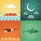 Vector illustration icon set of nature: mountain, crescent, eagle, fish