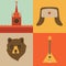 Vector illustration icon set of Russia: red square, hat, bear, music