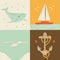 Vector illustration icon set of sea: whale, ship, seagull, anchor