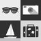 Vector illustration icon set of travel: sunglasses, photo camera, ship, suitcase