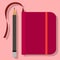 Vector illustration image of a simple pencil with a burgundy notebook with a bookmark and an orange rubber band on a pink