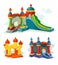 Vector illustration of inflatable castles and children hills on playground