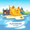 Vector illustration of inflatable castles and children hills on playground