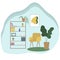 Vector illustration of interior with shelves, room plants and chair.