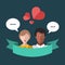 Vector illustration of interracial couple with speech bubbles and hearts in flat style. Illustration of online dating.