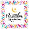 Vector illustration. Islamic Ramadan Kareem greeting gold lettering text, moon, festive colorfull square frame. confetti