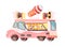 Vector illustration isolated car with refrigeration unit, truck for sale and manufacture ice cream, vanilla, chocolate