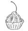 Vector illustration, isolated cupcake basket with cream, kiwi and confectionery cherries in black and white colors, outline hand