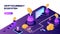 Vector illustration isometric banner with NFT coins and volcano. Cryptocurrency ecosystem concept,
