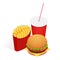 Vector illustration of isometric food burger, French fries and cola. Fast food concept. Tasty snack.