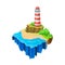 Vector illustration of isometric platform with water, sandy shore and green plants. Lighthouse on rocky cliff. Natural