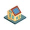 Vector illustration of isometric private cottage or house with solar roof panels for real estate brochures or web icon.