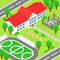 Vector illustration of isometric school and big green yard, playground, football ground, basketball ground, trees