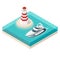 Vector illustration of isometric yacht and a lighthouse