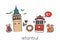 Vector illustration Istanbul with hand drawn doodle turkish symbols: Galata tower, tea glass, tram, simit bagel, seagull, tulip an