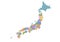 Vector illustration of Japan map. A map colored by prefecture. Colorful mosaic pattern.