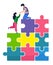 Vector illustration, joint teamwork in the company, man helps a woman climb a pyramid of puzzles