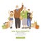 Vector illustration of joyful family of senior couple and grandchildren, hugging, waving, holding zero waste products in