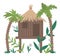 Vector illustration of jungle hoot with palm trees and leaves isolated on white background. Tropical bungalow on stilts picture.