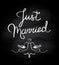 Vector illustration of `Just married` lettering on a chalkboard with pigeons