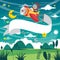 Vector Illustration Of Kid Flying Plane With Banner