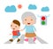 Vector illustration of kid helping senior lady crossing the street, Boy helping old lady cross the street.