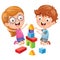 Vector Illustration Of Kid Playing With Building Blocks