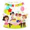 Vector illustration of kids birthday party, colorful and bright decoration, happy children have fun together, girls and