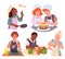 A vector illustration of a kids cooking set. Cartoon-style cute and funny boys and girls dressed in chefs aprons and