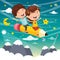 Vector Illustration Of Kids Flying With Pencil