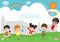 Vector Illustration Of Kids Playing Outside, happy children Playing park.