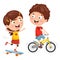 Vector Illustration Of Kids Skateboarding And Cycling