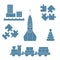 Vector illustration kids toys objects: train, puzzle, rocket, pyramid, blocks.