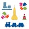 Vector illustration kids toys objects: train, puzzle, rocket, pyramid, blocks.