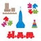 Vector illustration kids toys objects: train, puzzle, rocket, pyramid, blocks.