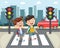 Vector Illustration Of Kids Walking Across Crosswalk