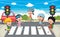 Vector Illustration Of Kids Walking Across Crosswalk