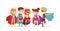 Vector illustration of kids wearing colorful superhero costumes. Superhero kids have fun together, children friends on