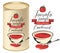 Vector illustration of label for condensed tomato soup with handwritten inscriptions on light background and tin can with this