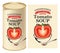 Vector illustration of label for condensed tomato soup with the image of a cut tomato on light background and tin can with this