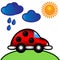 Vector illustration ladybug car under clouds & sun