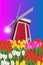 Vector illustration of a landscape with Dutch tulips and windmills.