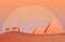 Vector illustration of landscape in savanna, Camel caravan at pyramids in sunset. Scenic view of desert with nature